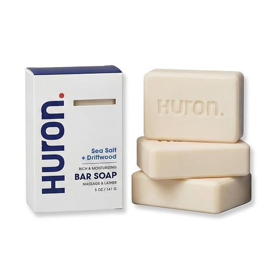 Huron Bar Soap for Men and Women, Hydrating Cleansing Bars with Sea Salt + Driftwood Scent, Moisturizing Shower Soap, Phthalate-Free, Non-Toxic Clean Ingredients for Daily Body Care, 5 oz (Pack of 3)