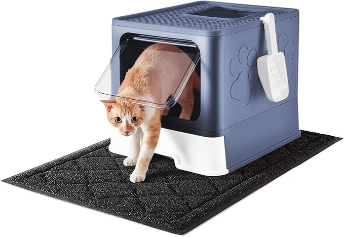 Medario Cat Litter Box with X-Large Litter Mat and Scoop(Upgrade Midnight) | Large Covered Litter Box with Lid, Enclosed Kitty Box,Front Top Entry Exit, Odor Control Easy to Clean