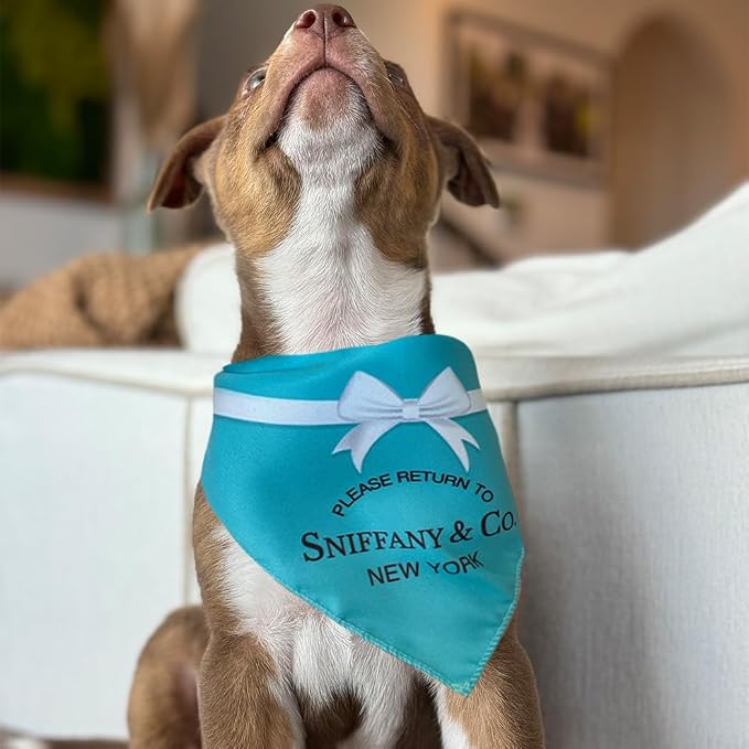 Dog Bandana Sniffany & Co. Designer Fashion Clothes Scarf kercheif for Small Medium and Large Dogs. Funny Parody Gift for Girl or boy Dog Soft Durable Fabric, Adjustable tie-on Style Triangle