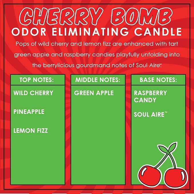 Cherry Bomb Odor Eliminating Highly Fragranced Candle - Eliminates 95% of Pet, Smoke, Food, and Other Smells Quickly - Up to 80 Hour Burn time - 12 Ounce Premium Soy Blend