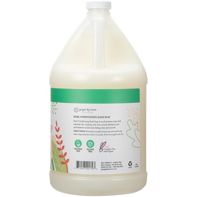 Ginger Lily Farms Botanicals Conditioning Liquid Hand Soap Refill, 100% Vegan & Cruelty-Free, Basil Scent, 1 Gallon (Pack of 4)