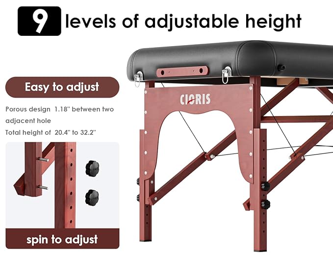 CLORIS 84" Professional Massage Table Portable 2 Folding Lightweight Facial Salon Spa Tattoo Bed Height Adjustable with Carrying Bag & Wooden Leg Hold Up to 1100LBS Black Widen