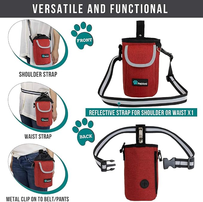 PetAmi Dog Treat Pouch, Large Hands-Free Training Bag, Red