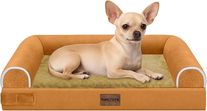 Orthopedic Dog Bed for Small Dogs, 24 x 16 Inch, Orange | Egg crate foam for joint support, 3-sided bolster pet sofa, waterproof lining, washable cover, and non-skid base