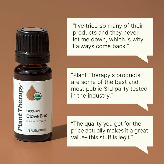 Plant Therapy Organic Clove Bud Essential Oil, 10 mL (1/3 oz), 100% Pure and Undiluted, USDA Certified Organic, Fresh and Spicy Scent, Great for Aromatherapy