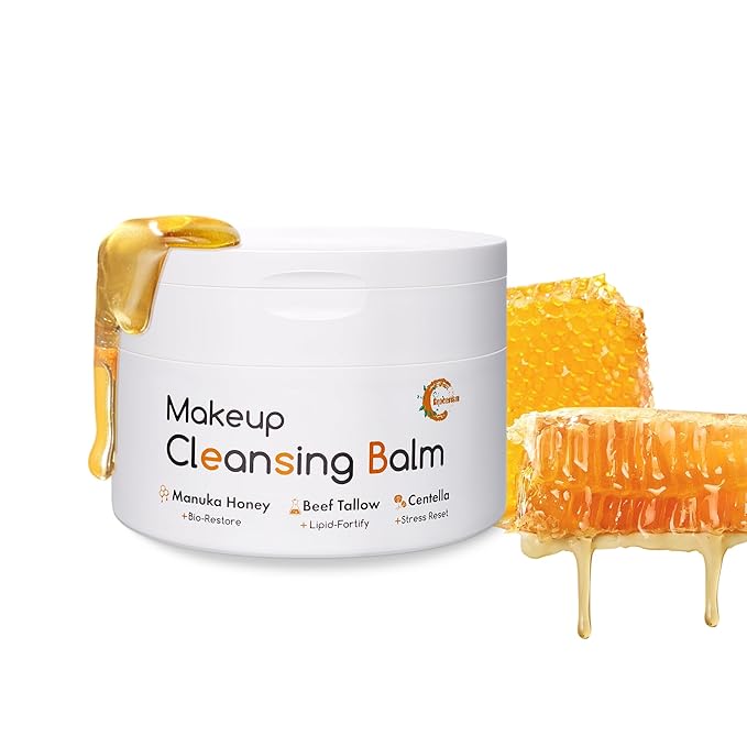 Grocerism Cleansing Balm Makeup Remover, Manuka Honey & Grass-Fed Tallow with Soothing Cica (Centella), Melts Waterproof Mascara & SPF, Non-Comedogenic for Sensitive Dry Skin & Eyes, 3.53 Oz