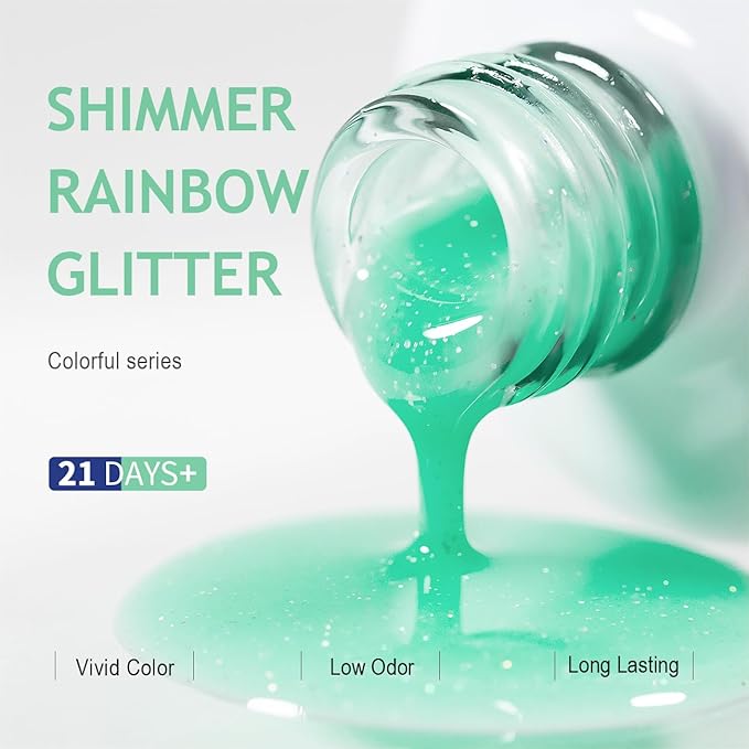 RARJSM Rainbow Glitter Gel Nail Polish Clear Pastel Green Chunky Sparkle Shimmer Jelly Iridescent Transparent Light Green Gel Polish Single Bottle Soak off UV LED Cured for Home Salon Manicure 15ML