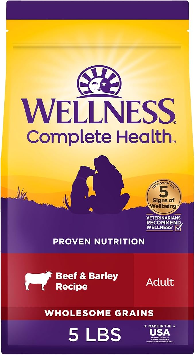 Wellness Complete Health Adult Dry Dog Food, Wholesome Grain Kibble, Natural, Beef and Barley Recipe, 5 lb Bag