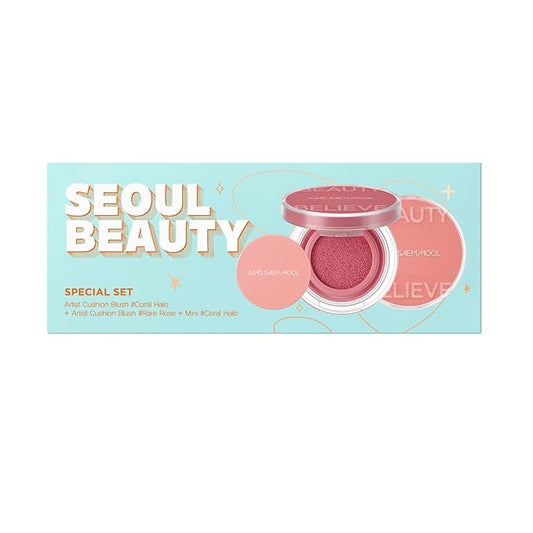 JUNG SAEM MOOL Artist Cushion Blush | Easy to Blend with Puff, Buildable Liquid Blush for Cheeks with a Dewy & Natural Finish, Korean Makeup (Seoul Beauty Gift Set, Coral Halo & Rare Rose)