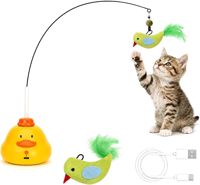 Automatic Cat Toys, Interactive Cat Toys for Indoor Cats | 360° Rotating Moving Cat Fishing Pole Toy, 2 Speeds with Bird Sound, 8cm Suction Cup & Weighted Base
