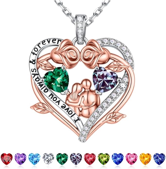Iefil Valentines Gifts for Her Wife - 925 Sterling Silver Double Heart Birthstone Necklace, Anniversary Birthday Gifts for Women Wife Girlfriend