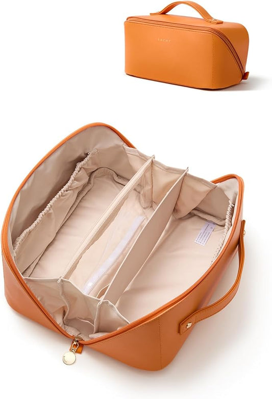 EACHY Travel Makeup Bag, Large Capacity Cosmetic Bag for Women, Waterproof PU Leather, Flat Open Portable Toiletry Bag for Skincare, Brushes & Travel Essentials
