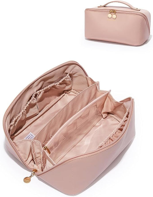 EACHY Travel Makeup Bag, Large Capacity Cosmetic Bag for Women, Waterproof PU Leather, Flat Open Portable Toiletry Bag for Skincare, Brushes & Travel Essentials