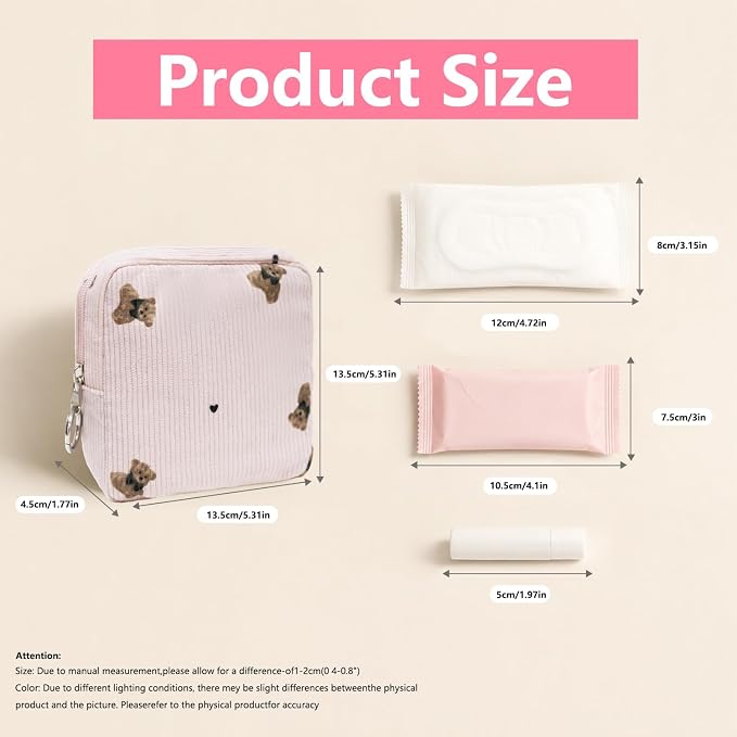 Period Bag for Girls, Corduroy Period Kit with Sanitary Pad Pouch, Menstrual Storage Bag and Tampon Holder for Purse, Girls School Essentials,Feminine Care Organizer(Pink Bear)
