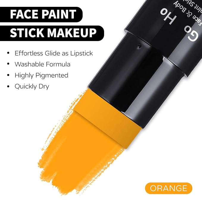Go Ho Orange Face Paint Stick,Water Based Washable Face Body Paint Stick,Non-toxic Full-coverage Cream Body Paint for Halloween Costumes Cosplay SFX Tiger Pumpkin Makeup