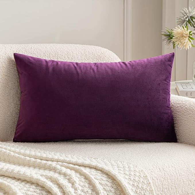 MIULEE 12x20 Inch Lumbar Velvet Throw Pillow Cover Set of 1 Eggplant Purple | Soft Luxury Decorative Throw Pillow Cover, Single Rectangle Cushion Case, Home Decor for Chair Couch Sofa Bedroom Car Bed