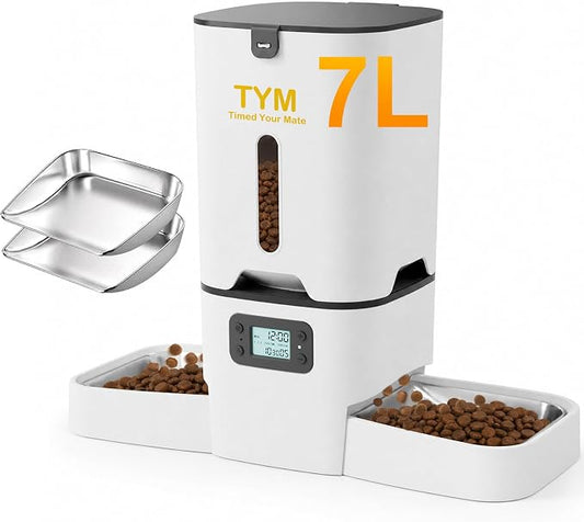 Automatic Cat Feeder 2 Cats, 7L Dry Cat Food Dispenser with Double Bowls | Multi-pet Household | Large Capacity Grain Storage Box | Anti Food Stealing | Weight / Diet Control | Fresh Food | Dual Power
