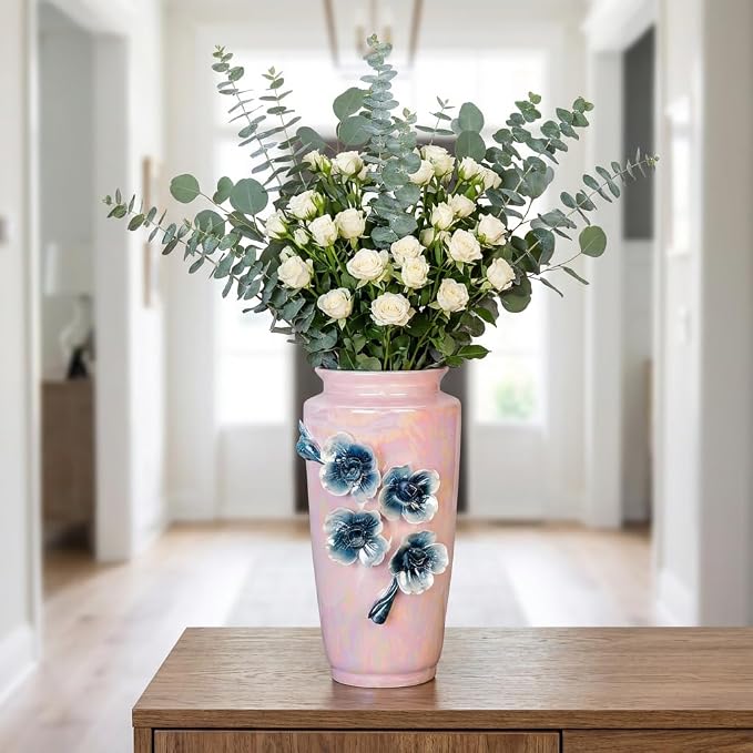 Pink Ceramic Vase 9 Inch - Modern Decorative Vase for Home Decor, Living Room, Centerpiece, Wedding, Office, Pink Decor