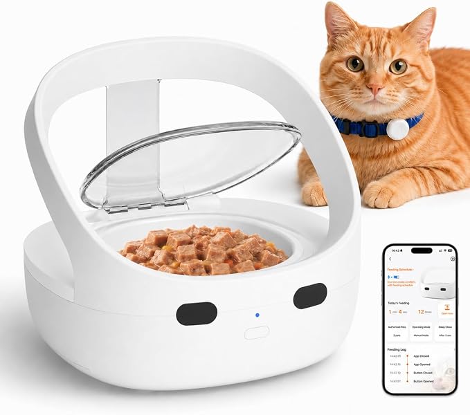 RFID Cat Feeder for Multiple Cats, Stops Food Stealing, Wet & Dry Food | RFID collar tag access, helps reduce food stealing, 1.7-cup removable bowl, 2 ice packs, USB or battery power