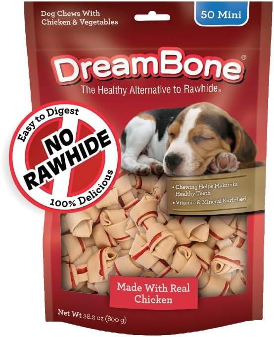 DreamBone Mini Bone Rawhide-Free Dog Treats With Real Protein, 50 Count | Daily Chew, Digests Safely and Completely, Made With Real Chicken and Veggies, For Adult Dogs