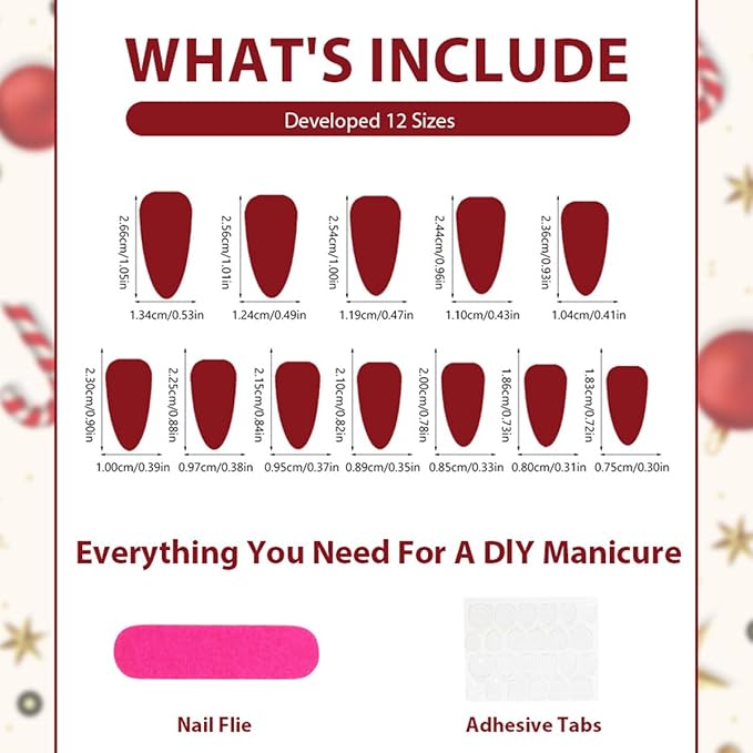 Christmas Press on Nails Glitter Fake Nails Red False Nail with Snowflakes Design Elk Glue on Nails Glossy Full Cover Xmas Artificial Acrylic Santa Claus Stick on Nail for Women Manicure 24Pcs