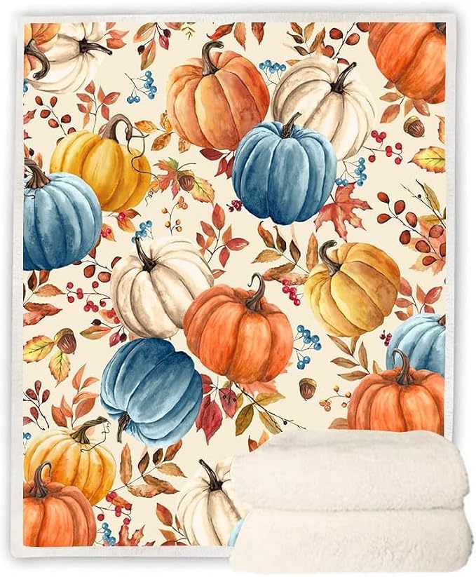 Fall Pumpkins Throw Blanket, Autumn Orange White Blue Pumpkins Leaves and Berries Soft Warm Fleece Blanket for Living Room Couch Bed Chair or Dorm, 40"x50"