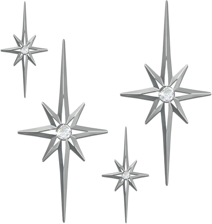 sxnzequnze 4 Pcs Star Wall Art for Home Decor Living Room Bedroom Office Metal 3D,Bling,with Hanging Hook Starburst Midcentury Sculpture Retro Gallery Accent Celestial -Silver 16.5in/9.4in