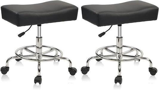 Heavy Duty Extra Wide Rolling Stool PU Leather Thickened Seat Cushion with Foot Rest Adjustable Height Swivel with Wheels for Spa Salon Tattoo Work Massage Barstool, Black, 2 Pack
