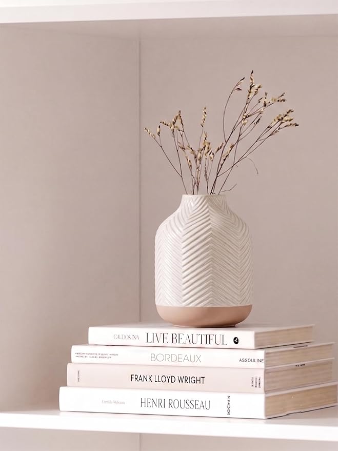Small Boho Vase for Decor,Rustic Farmhouse Vase for Pampas Grass,Eucalyptus Set and Tiny Stem Flowers,Ceramic for Centerpieces, 5.3 Inch,Wave-Arctic White