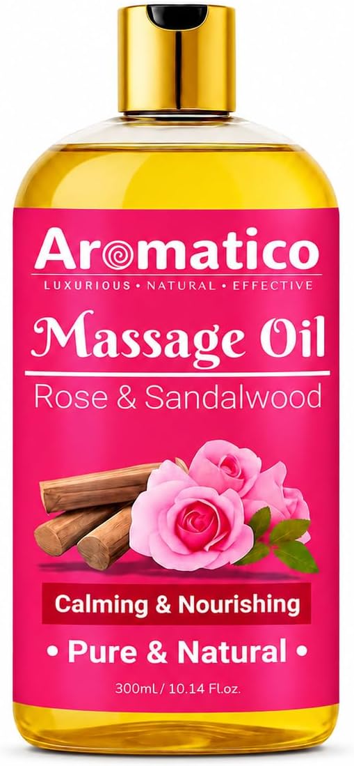 Aromatico Rose & Sandalwood Massage Oil for for Men & Women-10.1 fl oz | Lightweight Non-Greasy Body Oil for Massage & Daily Body Care, Fast-Absorbing Moisturizing Oil with Warm Floral Aroma