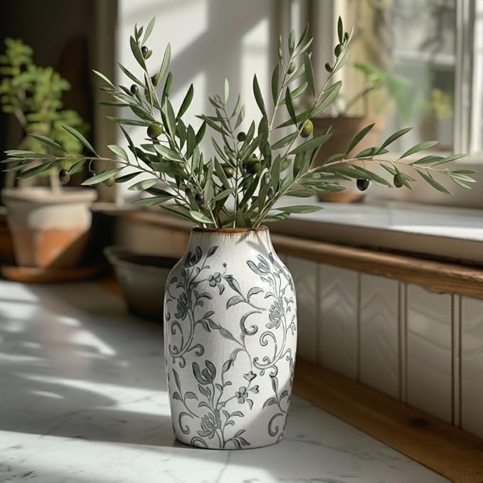 SIDUCAL Ceramic Vintage Vase, 7 Inch Retro Ice Cracked Chinoiserie Floral Vase, Rustic Farmhouse Vases for Home Decor, Bookshelf, Office, Garden, Chinoiserie Decor, Tuscan Decor, Gray Floral Pattern