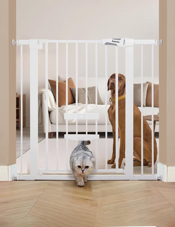 Babelio 36" Tall Baby Gate with Cat Door, CatPrivilege II, 29-40" | 6-Level Adjustable Metal Pet Gate, Auto-Close Safety Gates with Pet Door, Easy Walk Thru, White