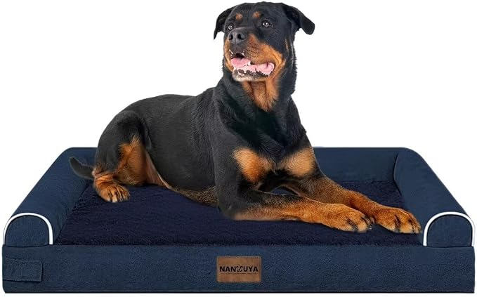 Orthopedic Dog Bed for XX-Large Dogs, 44 x 34 Inch, Navy Blue | Egg crate foam for joint support, 3-sided bolster pet sofa, waterproof lining, washable cover, and non-skid base