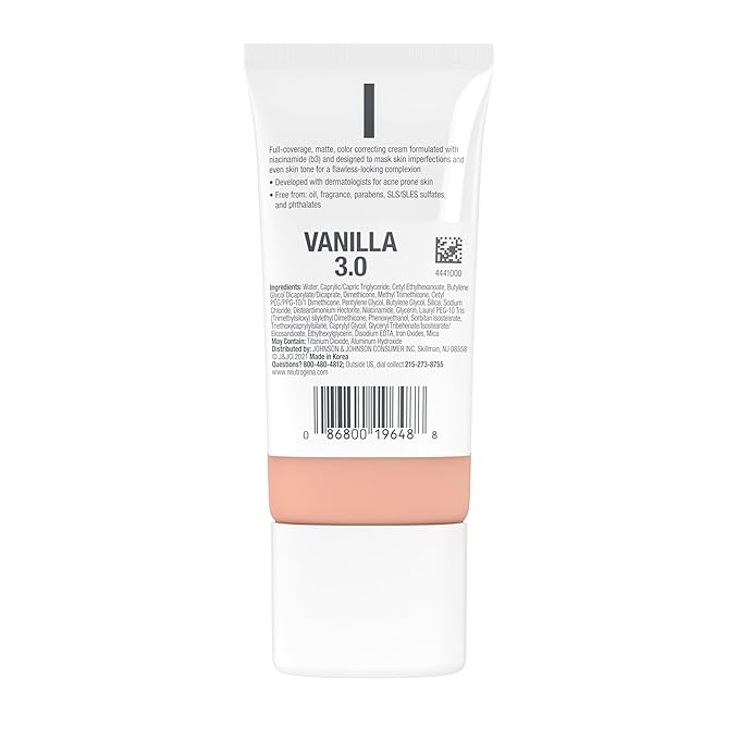 Neutrogena Clear Coverage Flawless Matte CC Cream, Full-Coverage Color Correcting Cream Face Makeup with Niacinamide (b3), Hypoallergenic, Oil Free & Fragrance Free, Vanilla, 1 oz