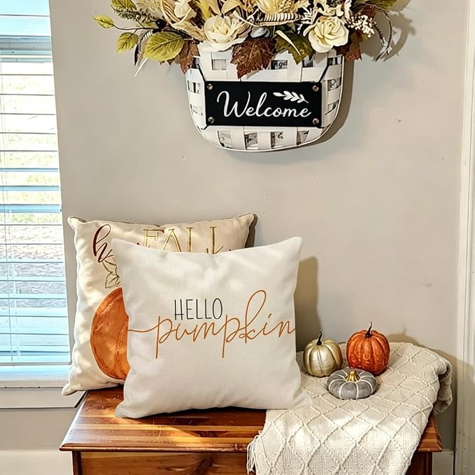 RABUSOFA Fall Pillow Covers 22x22 Inch Fall Decor for Home | Hello Pumpkin Lettering,Indoor Outdoor Use,Harvest Autumn Thanksgiving Decorations for Couch Sofa