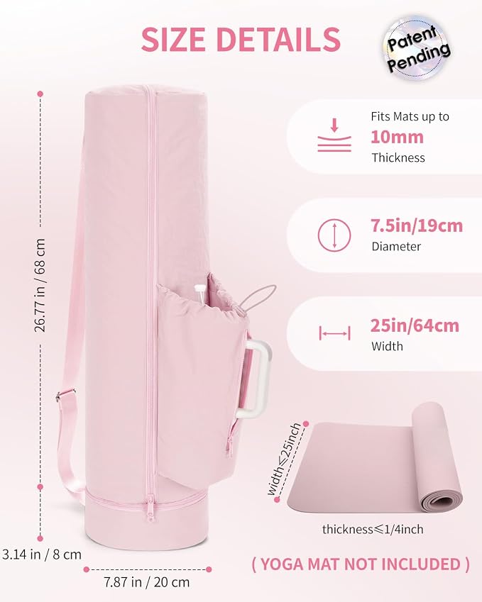 sportsnew Puffy Yoga Mat Bag Yoga Gym Bags for Women Men, Full-Zip Pilates Bag with Wet Pocket & Side Zip Drawstring Pocket Fits Tumblers with Handle, Yoga Mat Storage for Carrier Quick Access