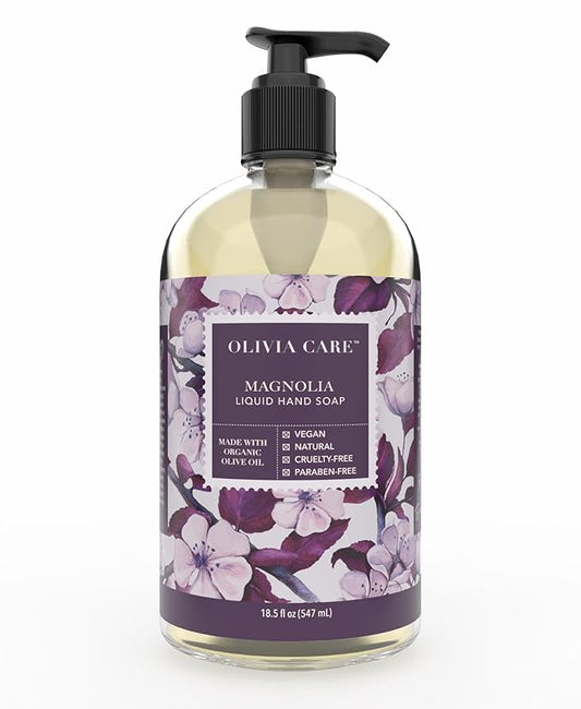 Olivia Care Liquid Hand Soap Magnolia & Essential Oils. All Natural - Cleanse, Germ-Fighting, Moisturize Hand Wash for Kitchen & Bathroom - Gentle, Mild & Natural Scented - 18.5 OZ