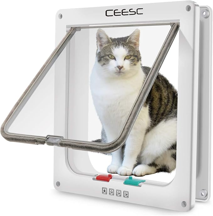 CEESC X-Large Cat Door for Pets up to 25 lbs, Weatherproof, White | Outer 11"x9.8", 4-Way Lock, for Exterior/Interior, ABS Material, Adjustable tunnel, Pet Door for Cats & Dogs