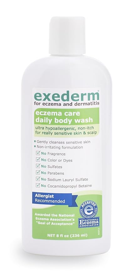 Exederm Body Wash for Eczema & Dermatitis, 8 Fl Oz, Ultra Sensitive Non-Irritating Bodywash, Gentle, Moisturizing Anti-Itch Cleanser for Red, Itchy, Dry Skin, Hypoallergenic, Sulfate & Paraben Free