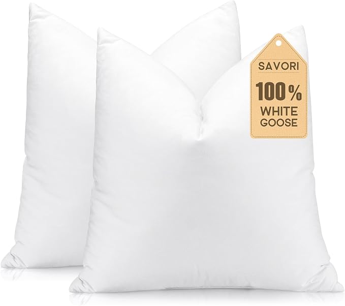 SAVORI Set of 2 Down and Feather Throw Pillow Inserts 28x28 Soft Fluffy Pillow Inserts with 100% Down-Proof Cotton Cover, Decorative Square Cushion Inner for Sofa Couch Bed-White