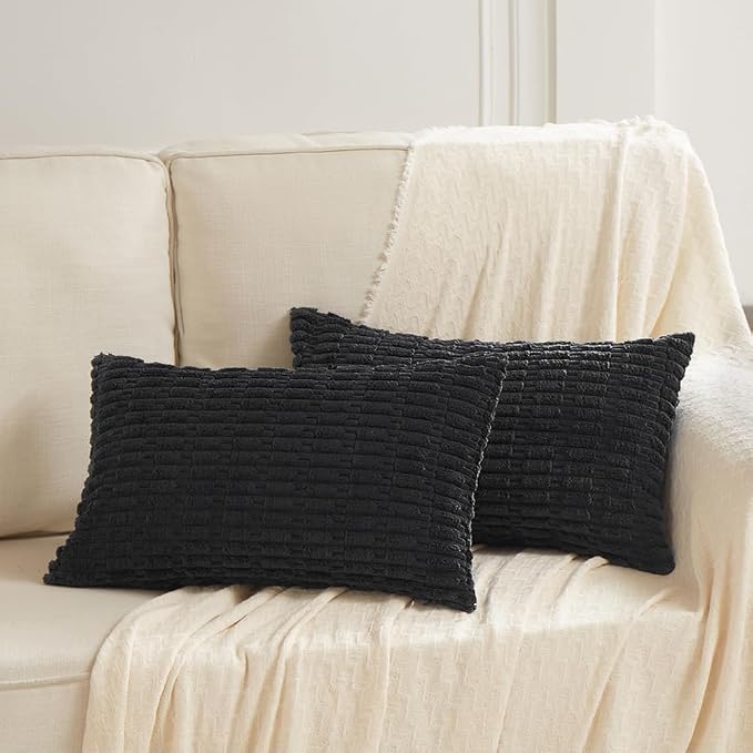 Fancy Homi Decorative Throw Pillow Covers for Bed Couch Bedroom Bench, Soft Corduroy Solid Pillow Case, Rustic Farmhouse Boho Room Decor,24" x 16" (Pack of 1),Black