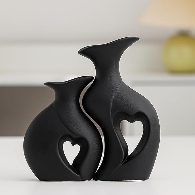 Black Ceramic Vase Set of 2, Heart Shape Home Decor Flower vase | Filled With Love, Modern Minimalist Bohemian, Matte Ceramic, For Dinner Table Bookshelf Console Decorative Vase
