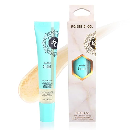 Rosee Lip Gloss Vegan & Cruelty Free Treatment, Professional Make up, Long Lasting Glossy with Shea Butter, Moisturize, Protect & Smooth, High Shine, Non-Sticky (e. Sparkling Gold, 0.5)