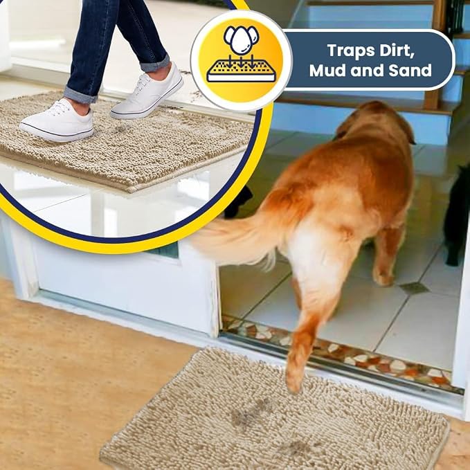 Muddy Mat® | Super Water Absorbent Door Mat Indoor, Microfiber Quick Dry Chenille Entryway Rug, Slip Resistant Front Door Mat, Indoor Mats for Entryway, Machine Washable Pet Rug, Beige 30"x19"