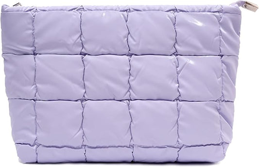 Puffer Quilted Makeup Bag Cosmetic Bag Travel Portable Puffy Checkered Toiletry Pouch Skincare Organizer Purse (Purple)