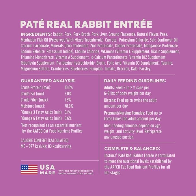 Instinct Original Grain Free Real Rabbit Recipe Natural Wet Canned Cat Food, 3 oz. Cans (Case of 24) | Rich & creamy pate texture, high protein, real rabbit, whole-food ingredients, grain-free, hydration support