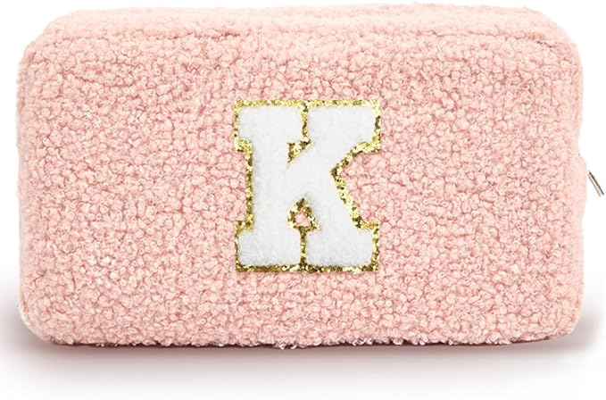 Cute Makeup Bag, Initial Cosmetic Bag, Fuzzy Makeup Bags for Women, Preppy Pink Makeup Pouch with Chenille Letter, Personalized Gifts for Women, Pink K