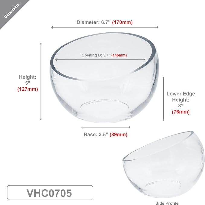 WGVI Slant Cut Bowl Glass Vase, Width 6.7", Height 5", Clear Terrarium, Candy Dish, Fruit Jar, Floral Container for Wedding Party Event, Home Office Decor, 1 Piece