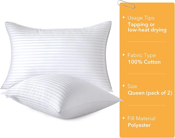 Oubonun Queen Size Pillows Set of 2, 20 x 30 Inch | Fluffy & Supportive Down Alternative Pillows with Zippered Cotton Cover - Breathable and Cool for All Sleeping Positions