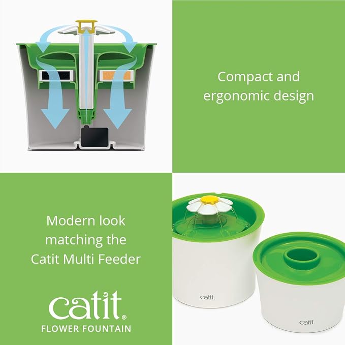 Catit Flower Fountain with Triple Action Filter,Cat Drinking Water Fountain,3 L,Green,(Pack of 6)